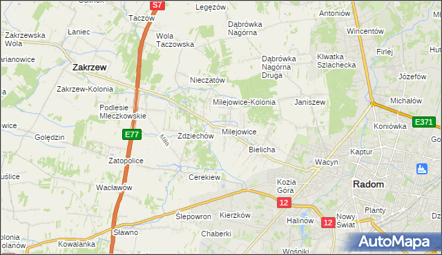 mapa Milejowice gmina Zakrzew, Milejowice gmina Zakrzew na mapie Targeo