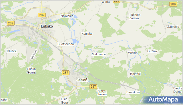 mapa Mirkowice gmina Jasień, Mirkowice gmina Jasień na mapie Targeo