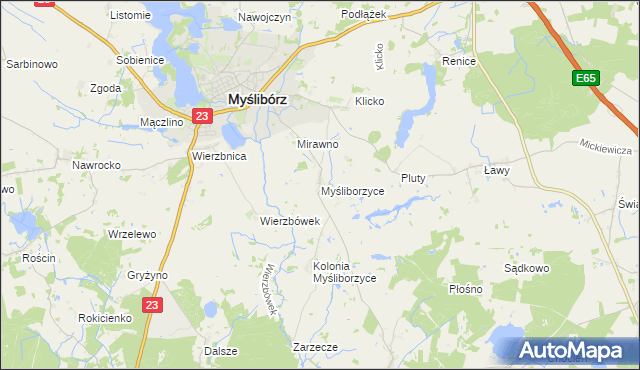 mapa Myśliborzyce gmina Myślibórz, Myśliborzyce gmina Myślibórz na mapie Targeo