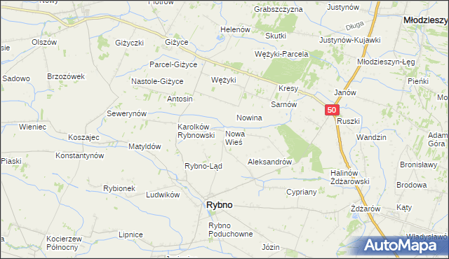 mapa Nowa Wieś gmina Rybno, Nowa Wieś gmina Rybno na mapie Targeo