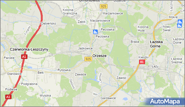 mapa Orzesze powiat mikołowski, Orzesze powiat mikołowski na mapie Targeo