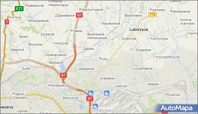 mapa Prusy gmina Kocmyrzów-Luborzyca, Prusy gmina Kocmyrzów-Luborzyca na mapie Targeo