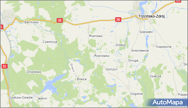 mapa Rosnówko gmina Trzcińsko-Zdrój, Rosnówko gmina Trzcińsko-Zdrój na mapie Targeo