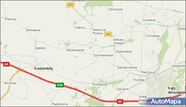 mapa Szymanowice gmina Kostomłoty, Szymanowice gmina Kostomłoty na mapie Targeo