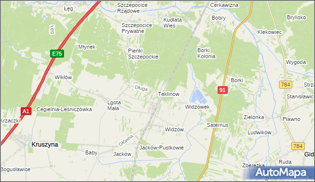 mapa Teklinów gmina Kruszyna, Teklinów gmina Kruszyna na mapie Targeo