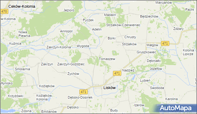 mapa Tomaszew gmina Lisków, Tomaszew gmina Lisków na mapie Targeo