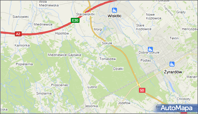 mapa Tomaszew gmina Wiskitki, Tomaszew gmina Wiskitki na mapie Targeo