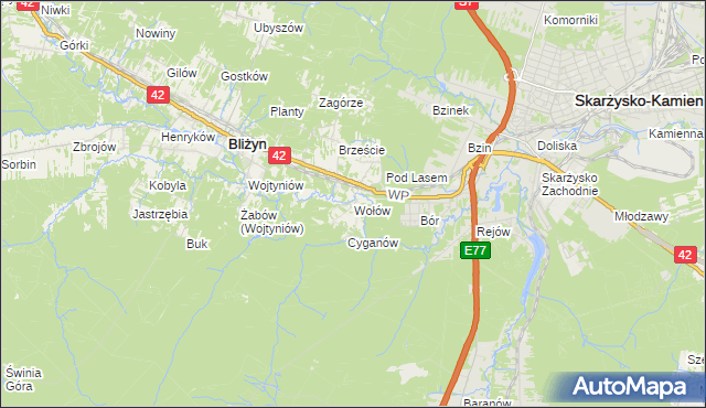 mapa Wołów gmina Bliżyn, Wołów gmina Bliżyn na mapie Targeo