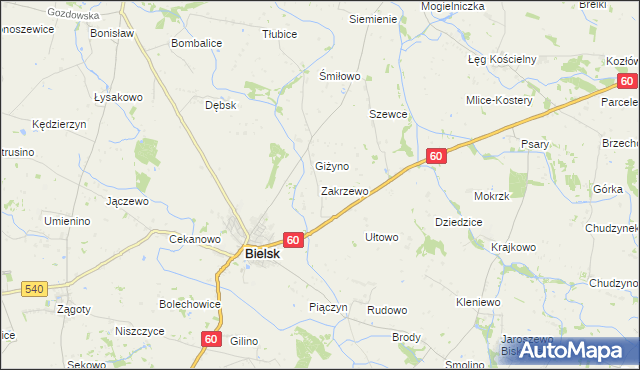 mapa Zakrzewo gmina Bielsk, Zakrzewo gmina Bielsk na mapie Targeo