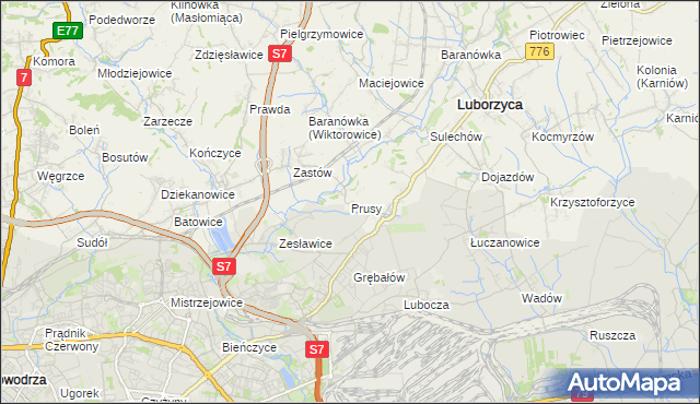 mapa Prusy gmina Kocmyrzów-Luborzyca, Prusy gmina Kocmyrzów-Luborzyca na mapie Targeo