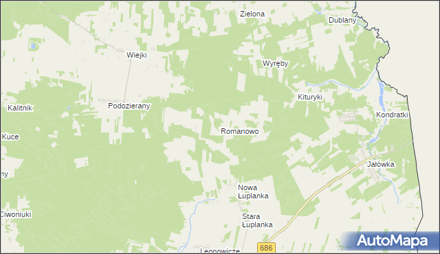 mapa Romanowo gmina Michałowo, Romanowo gmina Michałowo na mapie Targeo