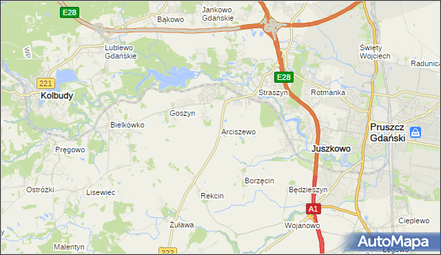 mapa Arciszewo gmina Pruszcz Gdański, Arciszewo gmina Pruszcz Gdański na mapie Targeo