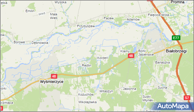 mapa Korzeń gmina Wyśmierzyce, Korzeń gmina Wyśmierzyce na mapie Targeo