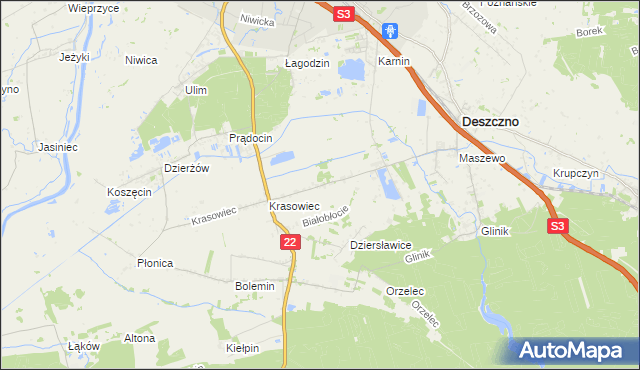 mapa Białobłocie gmina Deszczno, Białobłocie gmina Deszczno na mapie Targeo