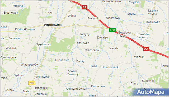 mapa Orzeszków gmina Wartkowice, Orzeszków gmina Wartkowice na mapie Targeo