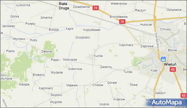 mapa Kurów gmina Wieluń, Kurów gmina Wieluń na mapie Targeo