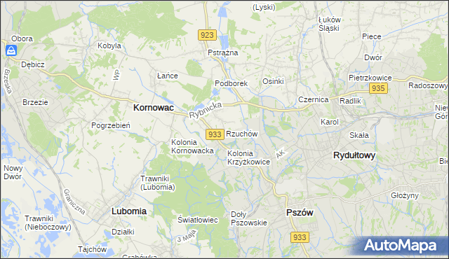 mapa Rzuchów gmina Kornowac, Rzuchów gmina Kornowac na mapie Targeo