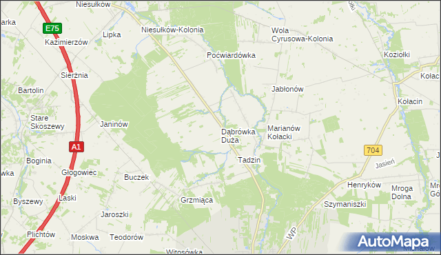 mapa Dąbrówka Duża gmina Brzeziny, Dąbrówka Duża gmina Brzeziny na mapie Targeo