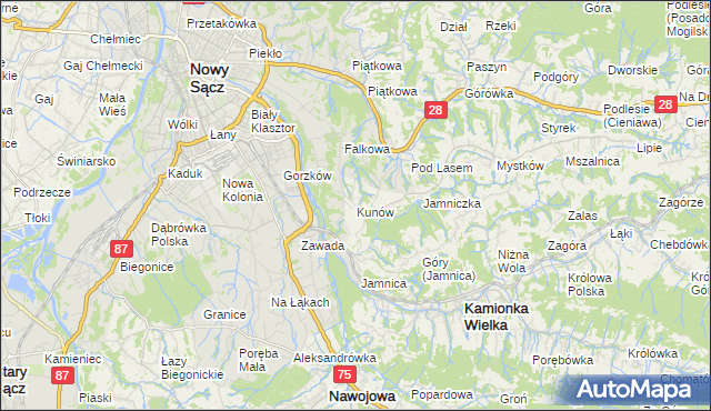 mapa Kunów gmina Chełmiec, Kunów gmina Chełmiec na mapie Targeo