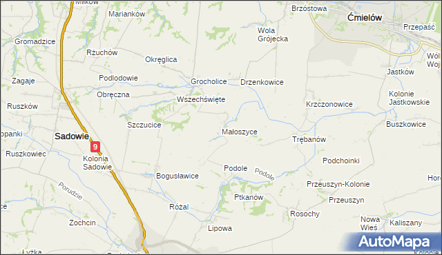 mapa Małoszyce gmina Sadowie, Małoszyce gmina Sadowie na mapie Targeo