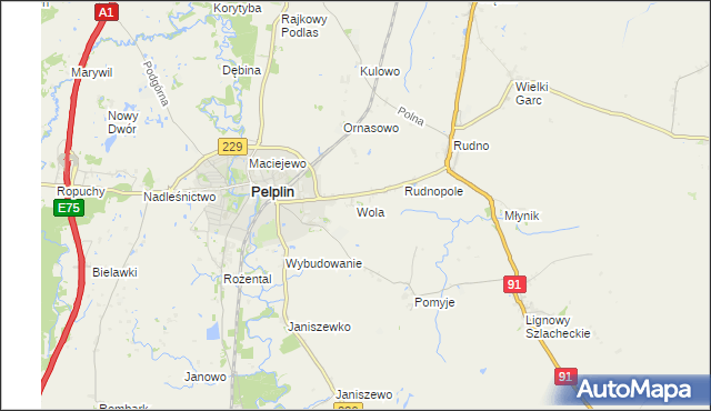 mapa Wola gmina Pelplin, Wola gmina Pelplin na mapie Targeo