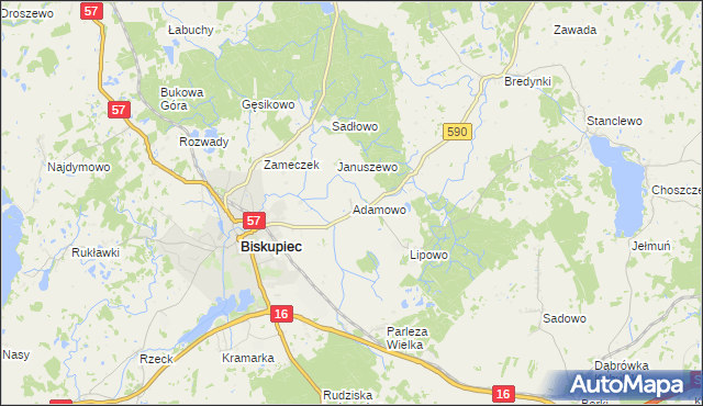 mapa Adamowo gmina Biskupiec, Adamowo gmina Biskupiec na mapie Targeo