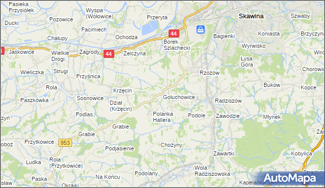 mapa Gołuchowice gmina Skawina, Gołuchowice gmina Skawina na mapie Targeo