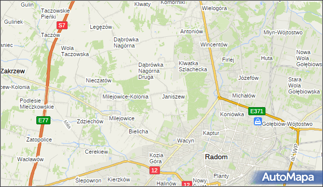 mapa Janiszew gmina Zakrzew, Janiszew gmina Zakrzew na mapie Targeo