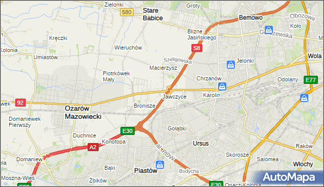 mapa Jawczyce gmina Ożarów Mazowiecki, Jawczyce gmina Ożarów Mazowiecki na mapie Targeo