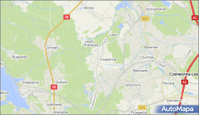 mapa Książenice gmina Czerwionka-Leszczyny, Książenice gmina Czerwionka-Leszczyny na mapie Targeo