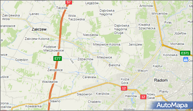 mapa Milejowice gmina Zakrzew, Milejowice gmina Zakrzew na mapie Targeo