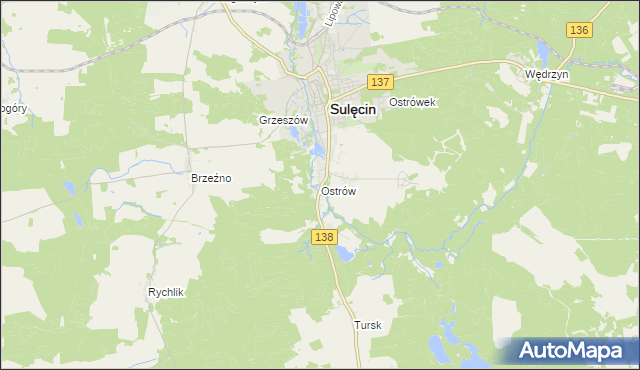 mapa Ostrów gmina Sulęcin, Ostrów gmina Sulęcin na mapie Targeo