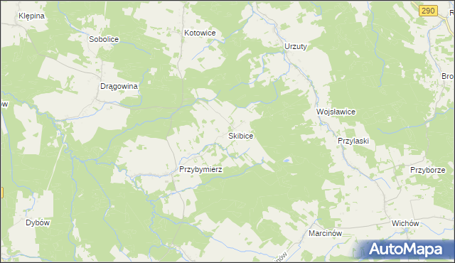 mapa Skibice gmina Nowogród Bobrzański, Skibice gmina Nowogród Bobrzański na mapie Targeo