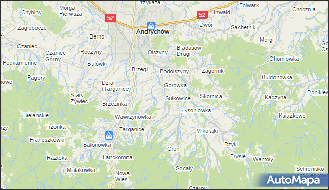 mapa Sułkowice gmina Andrychów, Sułkowice gmina Andrychów na mapie Targeo