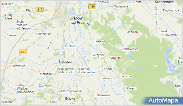 mapa Skrzynki gmina Grabów nad Prosną, Skrzynki gmina Grabów nad Prosną na mapie Targeo