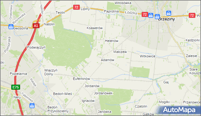 mapa Adamów gmina Brzeziny, Adamów gmina Brzeziny na mapie Targeo