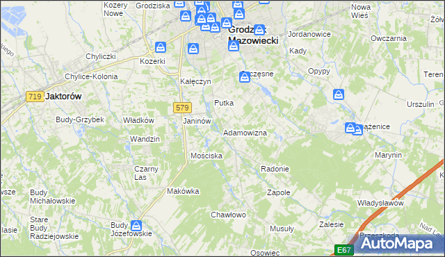mapa Adamowizna gmina Grodzisk Mazowiecki, Adamowizna gmina Grodzisk Mazowiecki na mapie Targeo