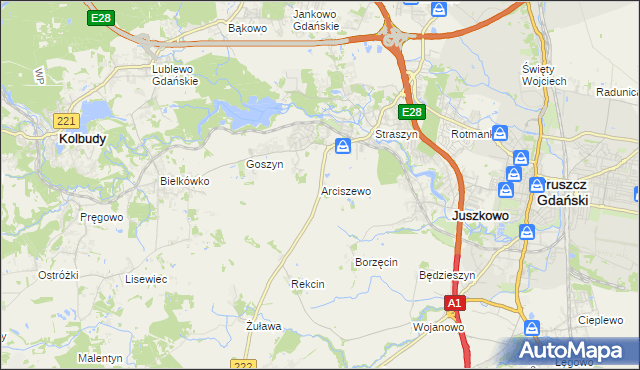 mapa Arciszewo gmina Pruszcz Gdański, Arciszewo gmina Pruszcz Gdański na mapie Targeo
