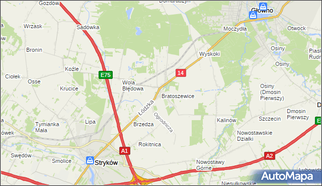 mapa Bratoszewice, Bratoszewice na mapie Targeo