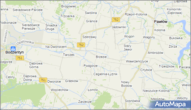 mapa Brzezie gmina Pawłów, Brzezie gmina Pawłów na mapie Targeo