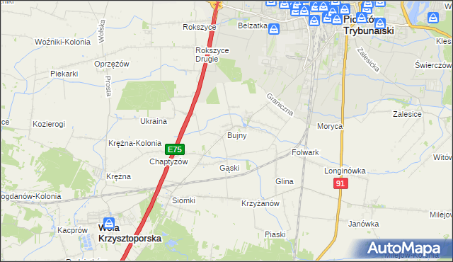 mapa Bujny gmina Wola Krzysztoporska, Bujny gmina Wola Krzysztoporska na mapie Targeo