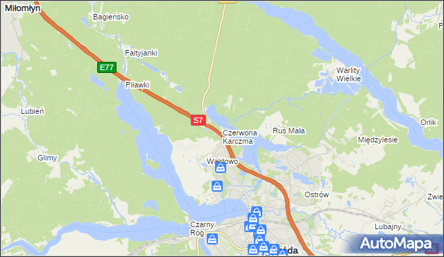 mapa Czerwona Karczma gmina Ostróda, Czerwona Karczma gmina Ostróda na mapie Targeo