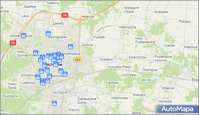 mapa Dobiecin gmina Bełchatów, Dobiecin gmina Bełchatów na mapie Targeo
