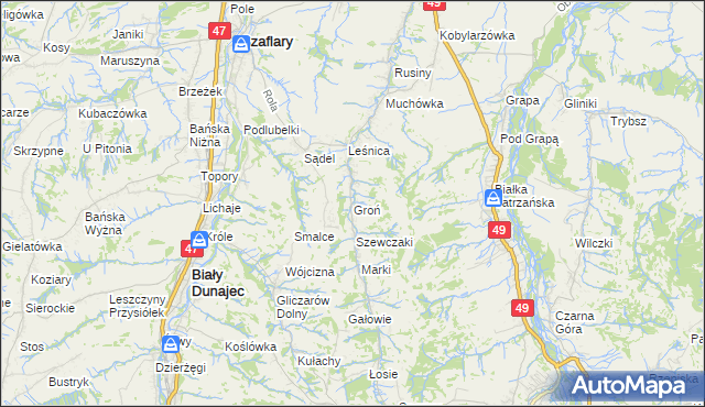 mapa Groń gmina Bukowina Tatrzańska, Groń gmina Bukowina Tatrzańska na mapie Targeo