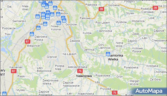 mapa Jamnica gmina Kamionka Wielka, Jamnica gmina Kamionka Wielka na mapie Targeo