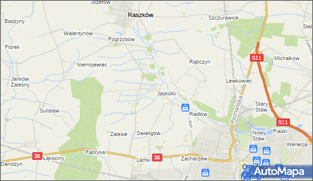 mapa Jaskółki gmina Raszków, Jaskółki gmina Raszków na mapie Targeo