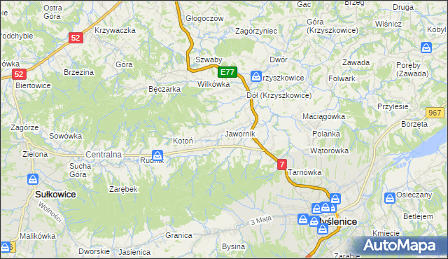 mapa Jawornik gmina Myślenice, Jawornik gmina Myślenice na mapie Targeo