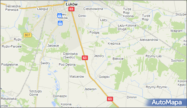 mapa Jeziory gmina Łuków, Jeziory gmina Łuków na mapie Targeo