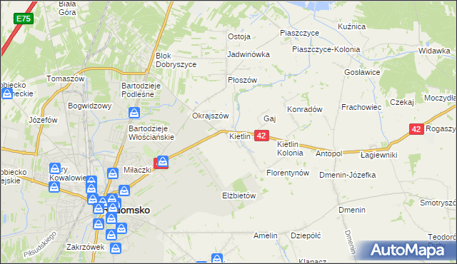 mapa Kietlin gmina Radomsko, Kietlin gmina Radomsko na mapie Targeo