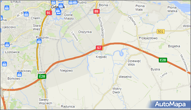 mapa Krępiec gmina Pruszcz Gdański, Krępiec gmina Pruszcz Gdański na mapie Targeo